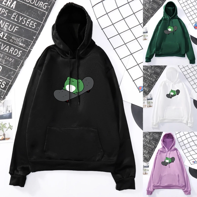 

Women Girls Long Sleeve Drawstring Hoodies Cartoon Skateboarding Frog Print Sweatshirt Oversized Harajuku Pullover Tops