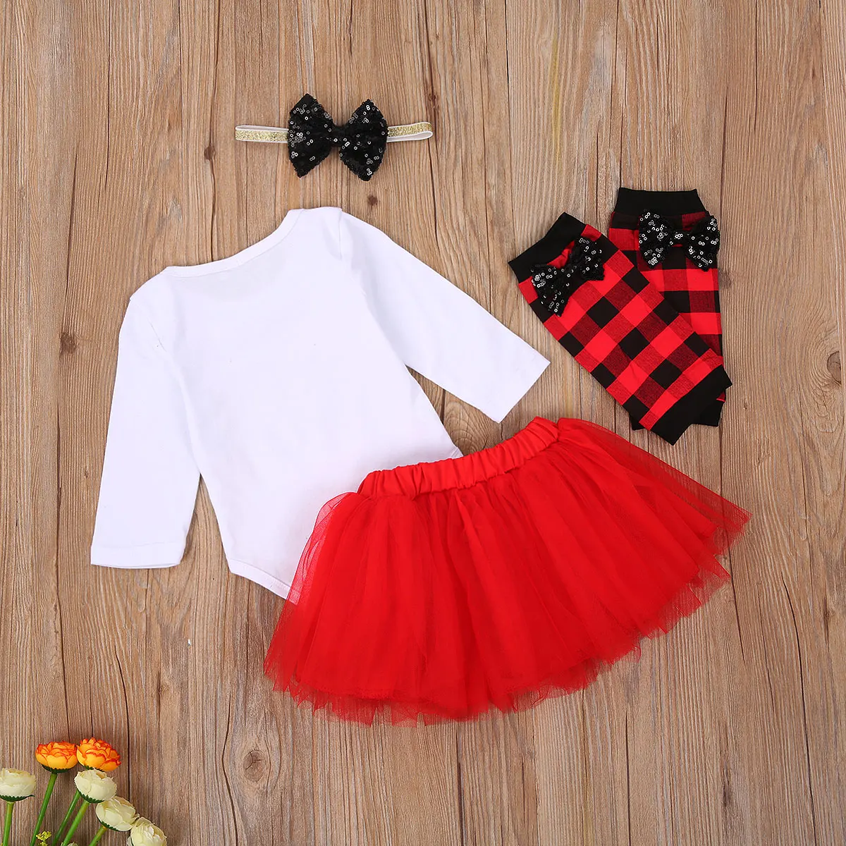

4Pcs Christmas Baby Girl 0-24M Newborn Girls Sets Letter Long Sleeve Romper Tutu Skirt Headband Striped Leg Warmer Infant Sets