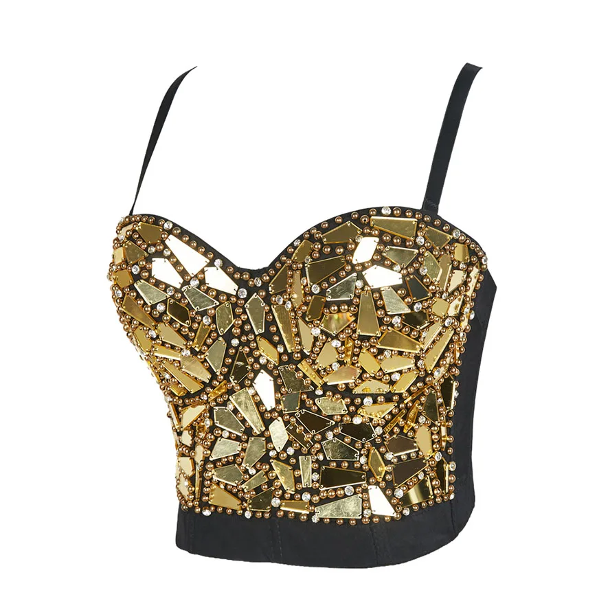 NEW Atoshare Sexy Women Silver Gold Sequin Rhinestone Top Lady Rave Outfit Pearl Glitter Tops Bustier Female Corset Crop Top Str