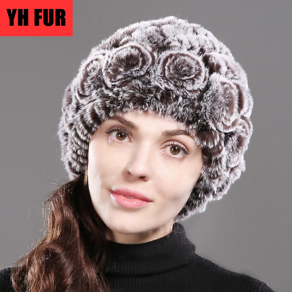 Новинка зимние шапки из меха кролика рекс для женщин Настоящий мех цветочные