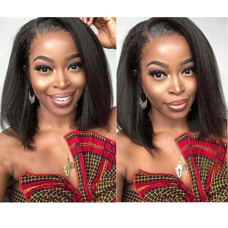 

Kinky Straight Bob Human Hair Lace Wigs 150 Density Coarse Yaki Human Hair Wigs For Women Short Brazilian Hair Lace Wig Ms love