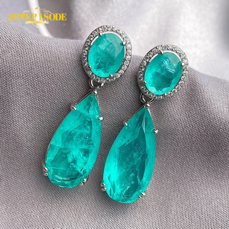 

Jewepisode 925 Sterling Silver Green Blue Big Paraiba Tourmaline Emerald Gemstone Drop Dangle Earrings for Woman Fine Jewelry