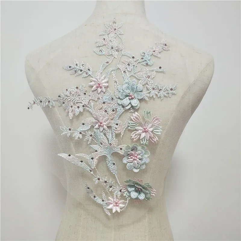 Черная кружевная аппликация с 3D бусинами темно-синяя вышитая свадебная для