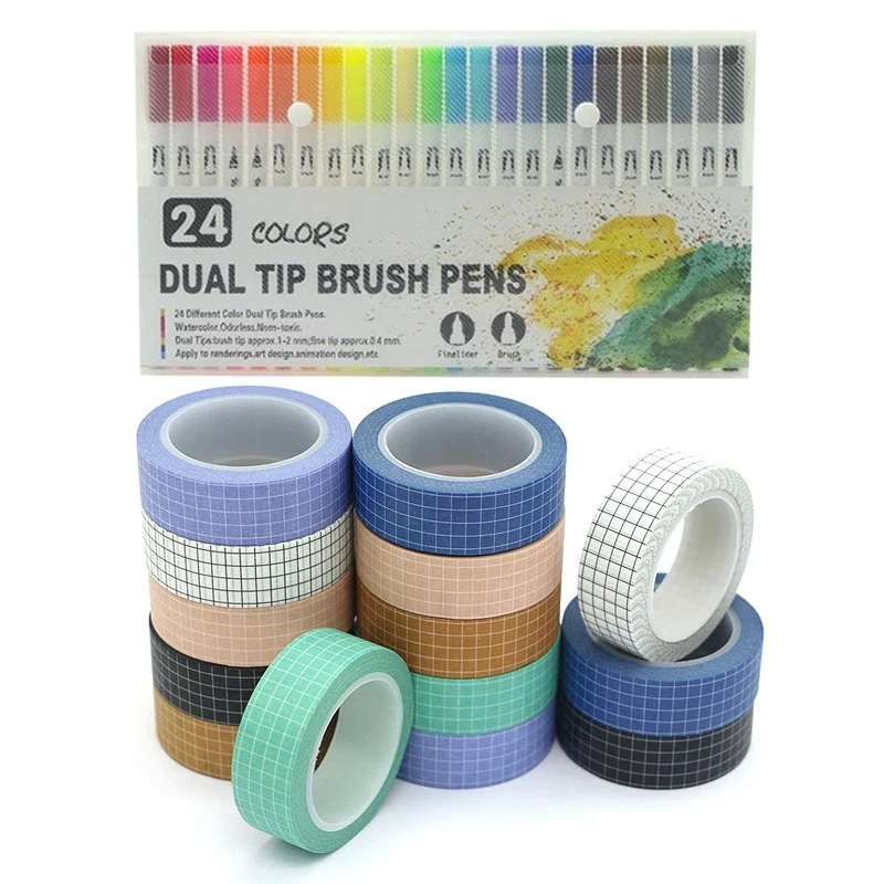 

24 Color Fine Liner Dual Tip Felt-Tip Marker Pens with Grid Washi Masking Decorative Tapes 33 Feet Per Roll (14 Rolls)
