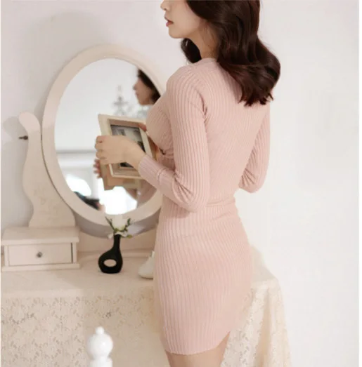 

Spring and Autumn Korean Style Thread Long-Sleeved Dress Sexy Cross V-neck Mid-Length Knitted Women's dress