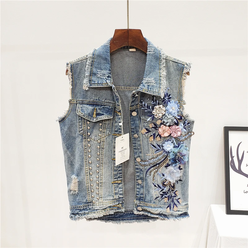Summer Fashion Beading Diamonds Flowers Waistcoat Women Denim Vest Frayed Holes Sleeveless Jacket Female Slim Short Jeans | Женская