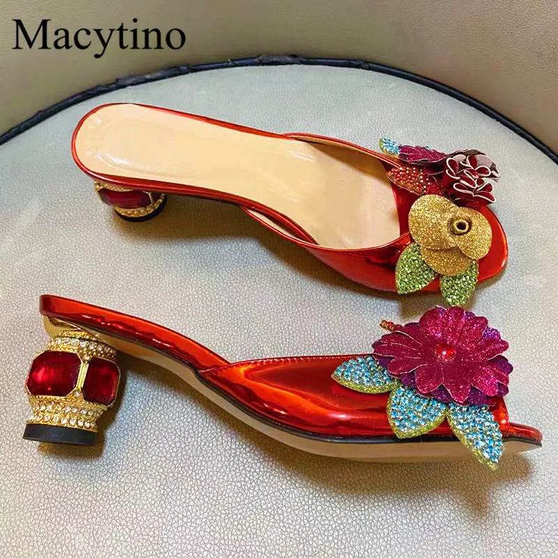 Flower decoration ladies high-heel slippers sequins rhinestone decoration glass-heel slippers fashion party slippers
