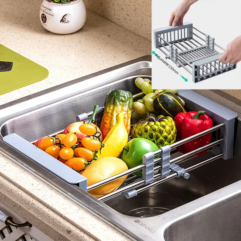 Kitchen Sink Retractable Stainless steel Drain Basket For Fruit Vegetable Dishes Bowl Drying Dryer Accessories | Дом и сад