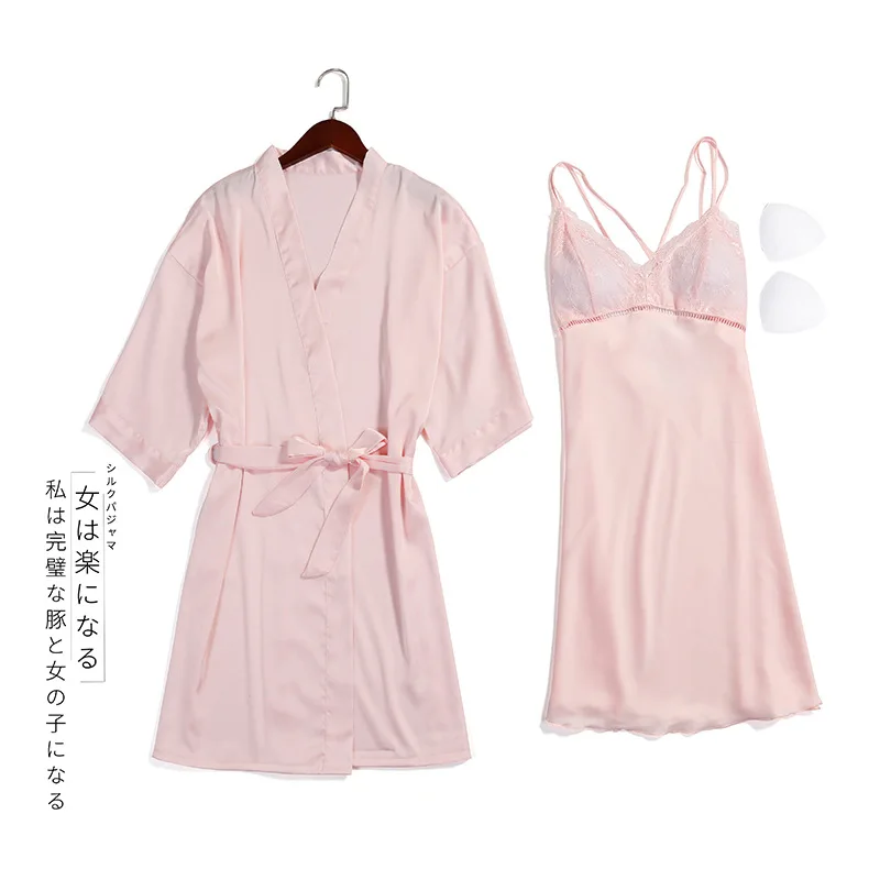 

Female Sexy Lace Nighty&Robe Set 2PCS Faux Silk Leisure Kimono Bath Robe Gown With Belt Summer New Home Wear Intimate Lingerie