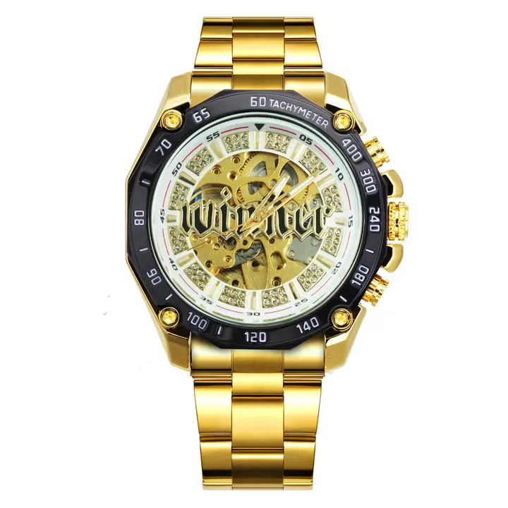 Победитель Скелет автоматические механические часы для мужчин алмаз Iced Out панк мужские s часы бренд класса люкс Золотой стальной ремешок наручные часы - Цвет: GOLD WHITE