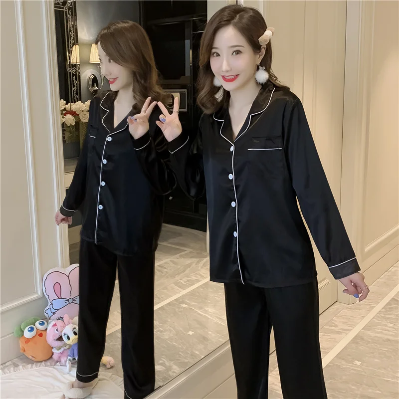 

Ice Silk Pajamas Set For Women Solid Black Pyjamas Suit Turn-down Collar Sleepwear Full Length Homewear Spring Autumn Nightsuit