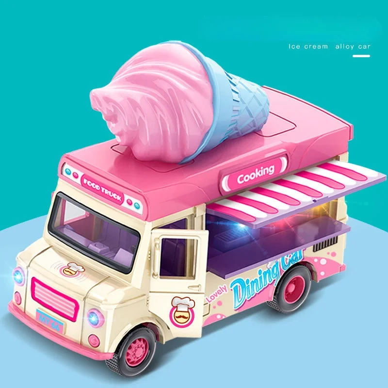 

1/36 Q Version Food Truck Alloy Car Model Diecast & Toys Vehicles Children Kids Toys for Boys Sound Light Ice Cream Car Toy