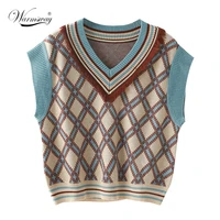 wool argyle knitted plaid womens vest preppy style v neck tassel sleeveless sweater female fashion ladies vests c 079