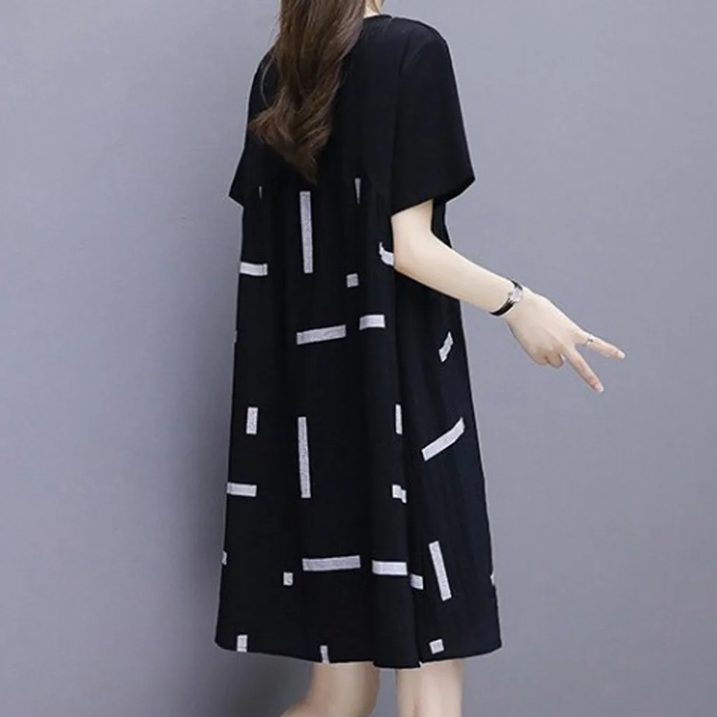 Женское свободное платье до колена Boho повседневное с коротким рукавом модель # w