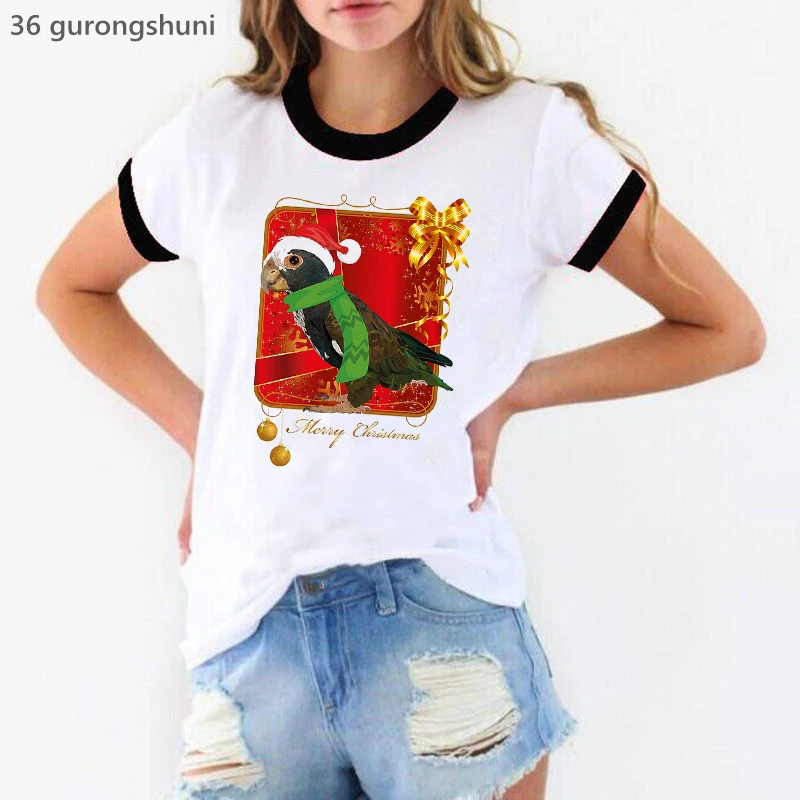 

Merry Christmas Cockatiel Parrot Graphic Print Tshirt Women Kawaii Clothes White Short Sleeve T-Shirt Femme Summer Fashion Tops