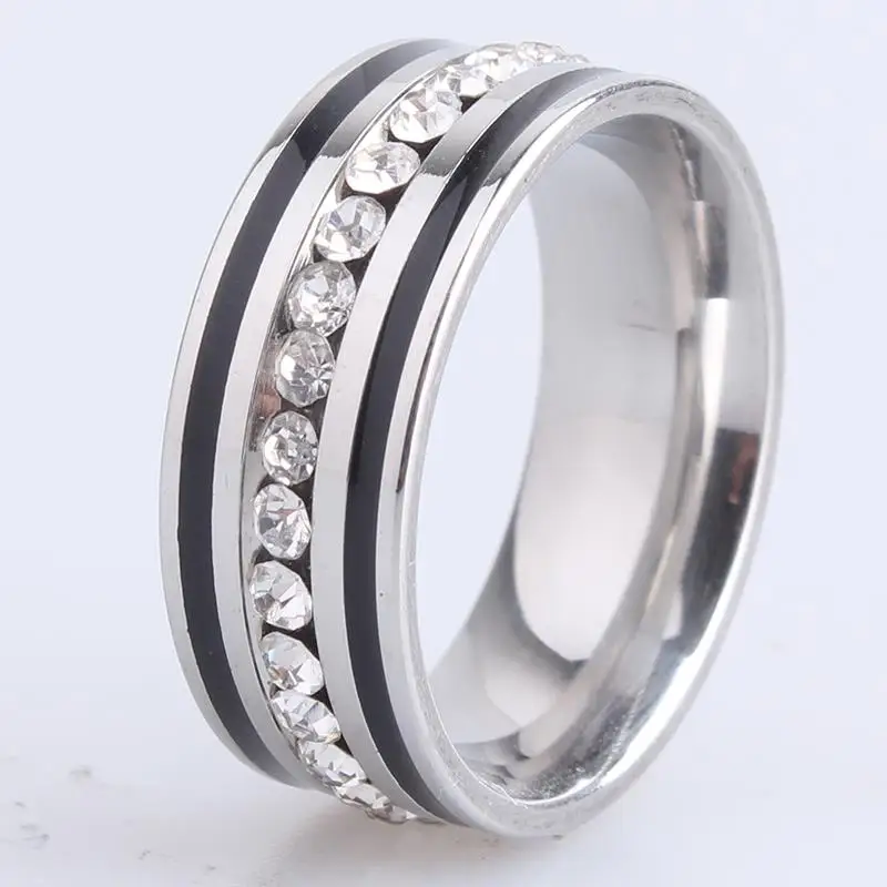 

wedding rings 8MM gold silver color black stripes single row crystal 316L Stainless Steel finger rings for men wholesale