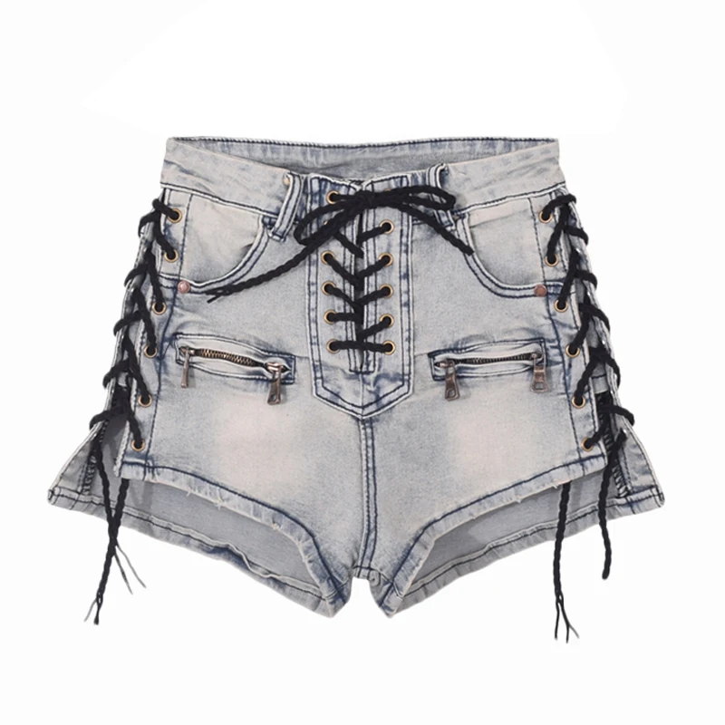 Женские обтягивающие джинсовые шорты серые эластичные на шнуровке с боковой