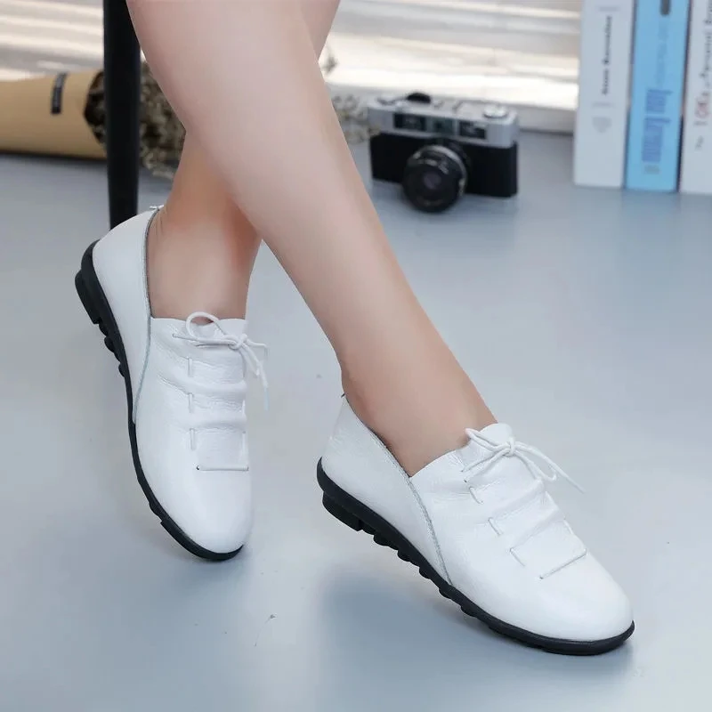 

Women's Spring Shoes for 2021 Ladies Flat White Sneakers Female Split Leather Fold Pleated Designer Shoes Flats Loafers Lace Up