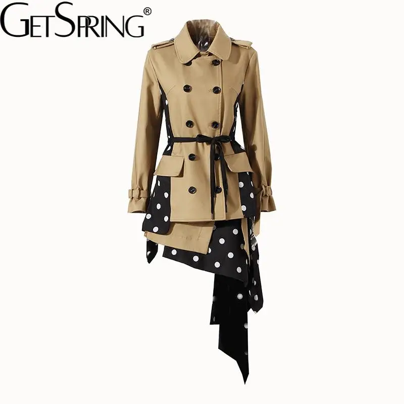 

GetSpring Women Skirt Sets Dot Patchwork Double Breasted Irregular Blazer Coat With Asymmetrical Mini Skirt Two Piece Sets 2022
