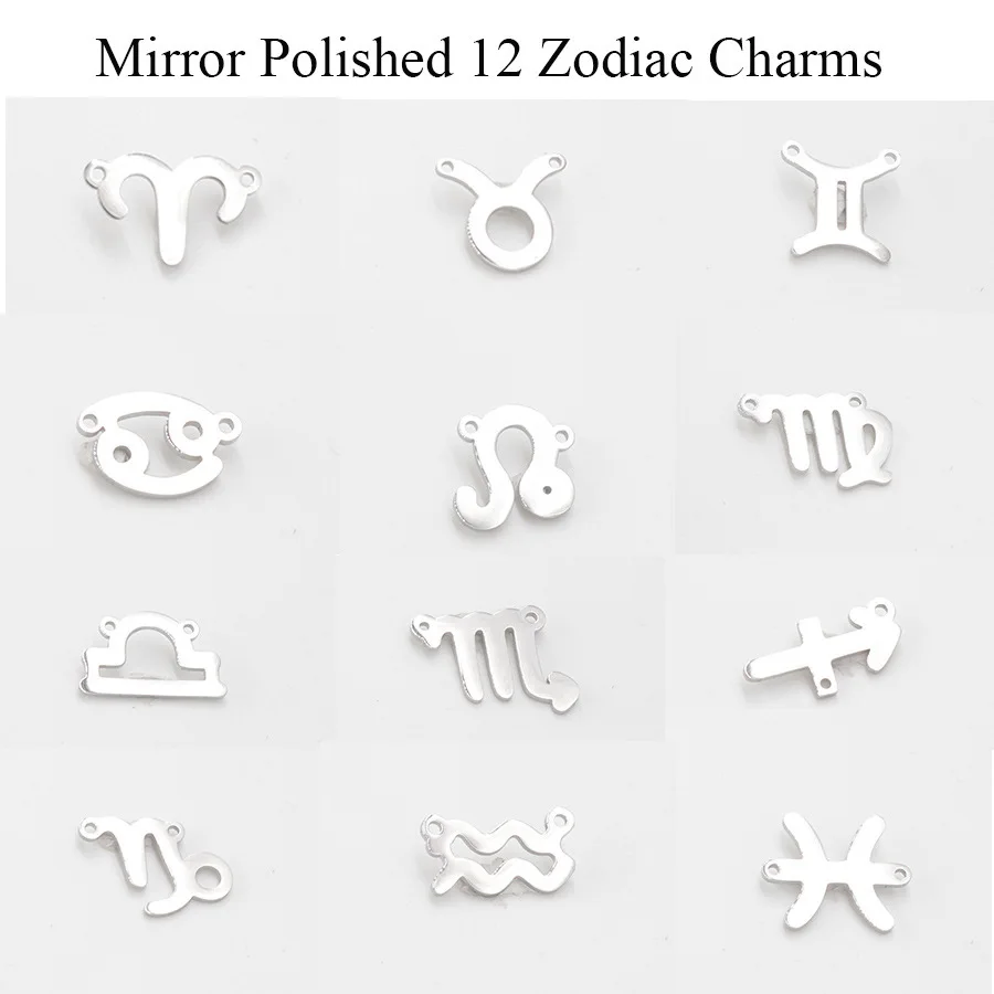 

24pcs 15mm Mirror Polished Stainless Steel Zodiac Signs Charm With 2Hole Connector Constellations for DIY Handmade Jewelry