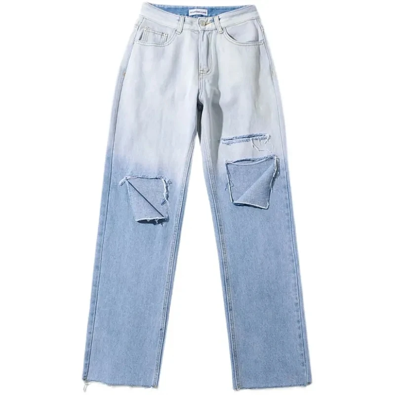 

DUOFAN Y2K Baggy High Waisted Jeans Woman Loose Casual Gradient Ripped Jeans for Women Vintage Streetwear Blue Denim Pants