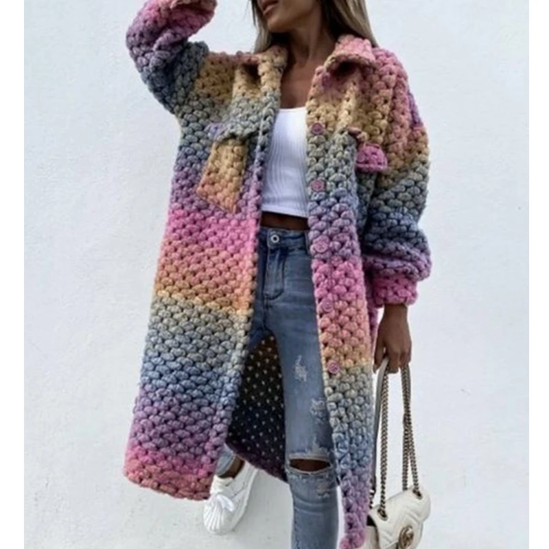

Wepbel Autumn Breasted Plaid Knitted Trench Coat Sweaters Loose Lapels Sweater Cardigan Long Sleeve Fashion Cardigan Outwear