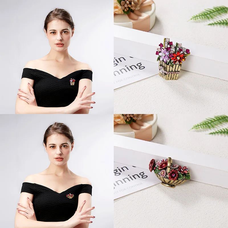 В винтажном стиле Цветочная корзина из сплава брошь со стразами и изображениями