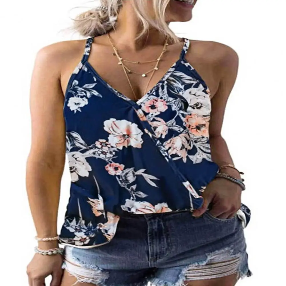 

40% HOTWomen летний топ на бретелях-спагетти с V-образным вырезом без рукавов с растительным принтом для отдыха