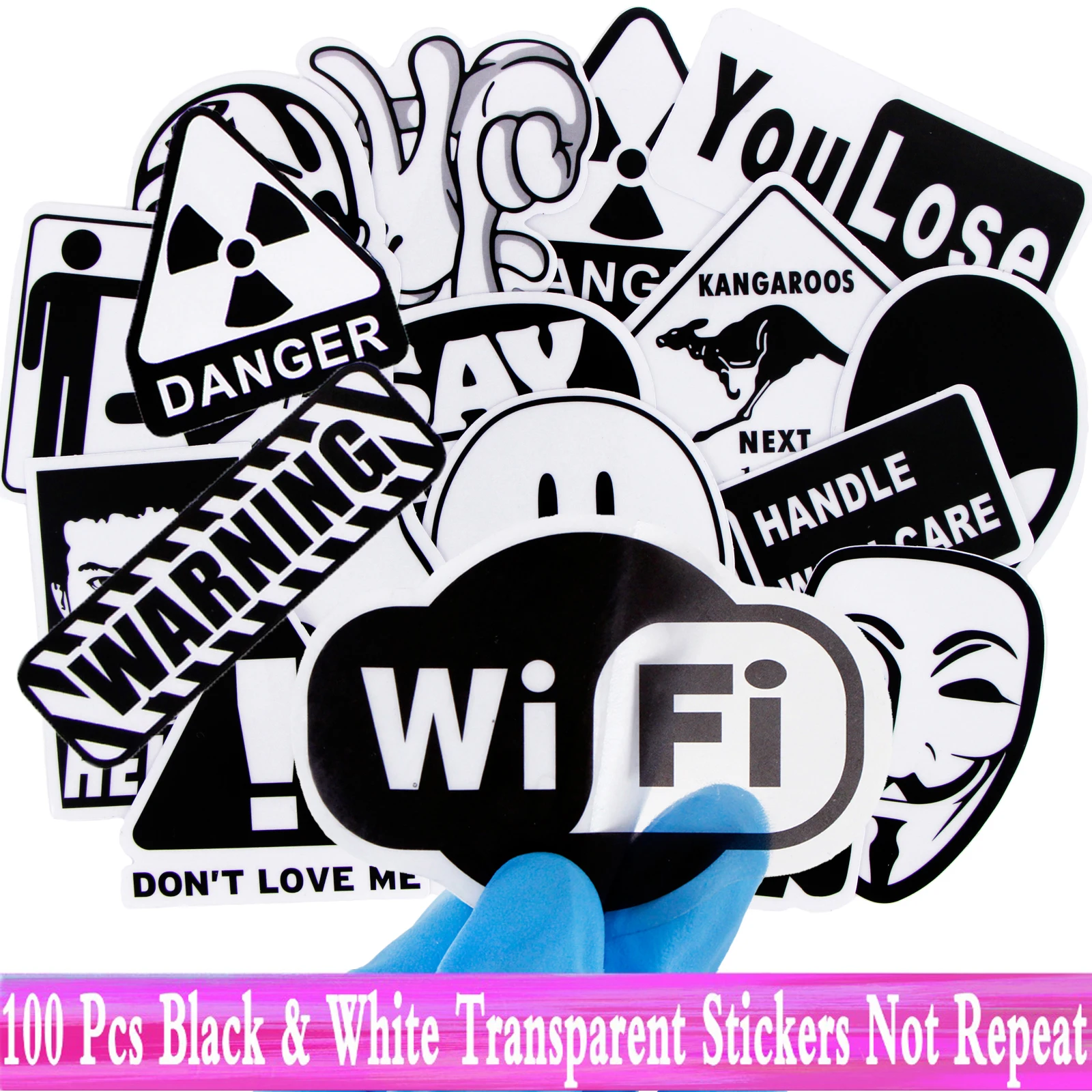 100 шт. не повторяет прозрачные черно-белые смешанные наклейки JDM для чемодана