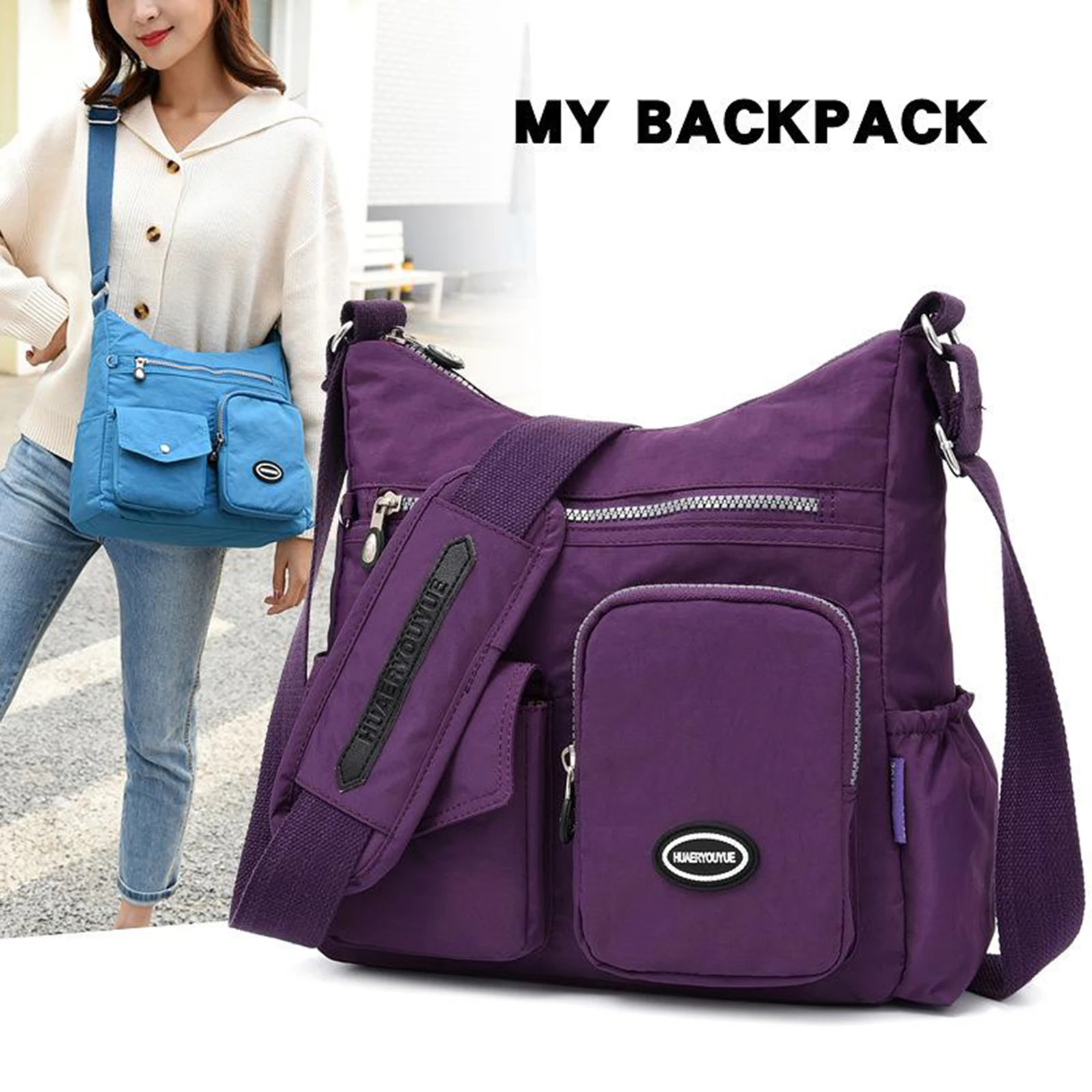 

canvas shoulder bag Women Travel College navy blue Bag Multi-Pocket Waterproof Nylon Casual Bag Handbags for Lady