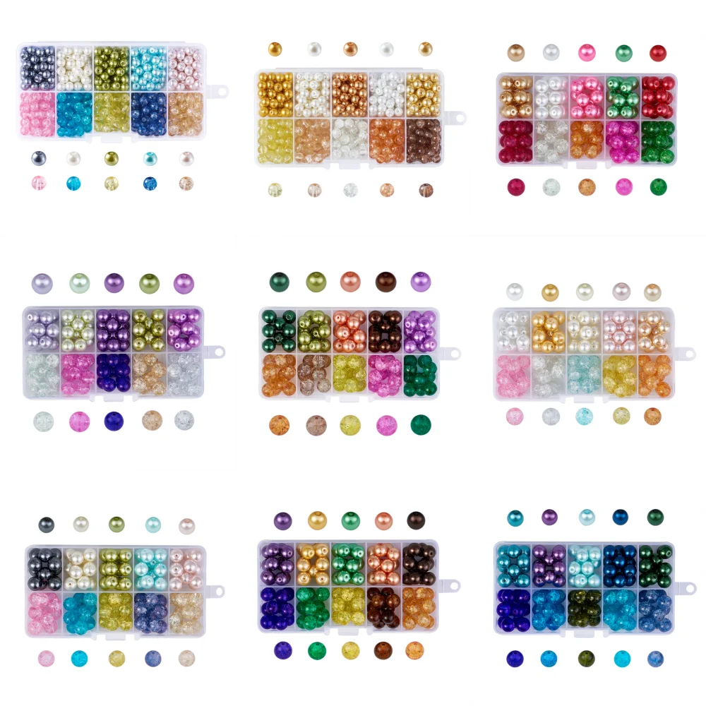 

1box Mixed Baking Painted Round Crackle Glass Beads Glass Pearl Beads Sets for Jewelry Making DIY 4mm 6mm 8mm 10mm,Hole:1mm