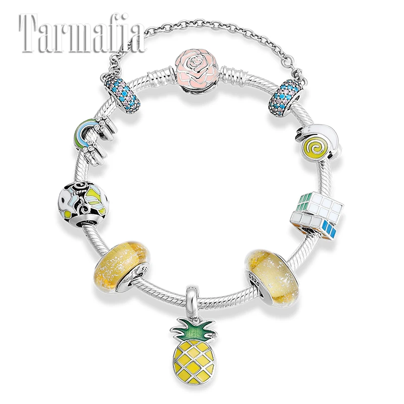 

2021 новый 925 стерлингового серебра готовой браслет Разноцветной Эмалью CZ радужные бусины в виде ананаса цепи змейки браслет, сделай сам, ювел...
