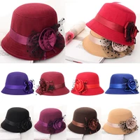 elegant ladies formal fedora bowler hats fashion vintage women hat imitation woolen flower autumn winter keep warm bucket cap