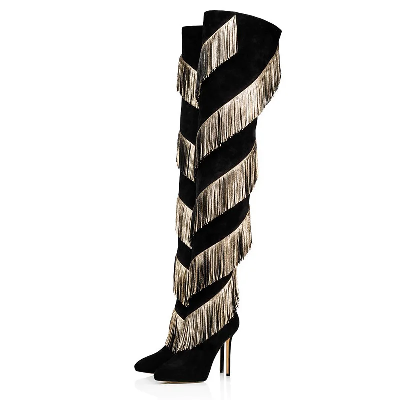 

Women Long Black Suede Gold Tassel High Heel Thigh Boots Pointed Toe Thin Heels Zip Over-the-knee Botas Mujer Shoes