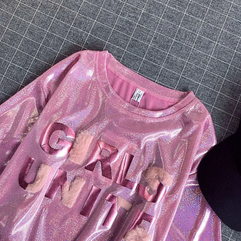 

Summer New Glittering Letters Pink Short-sleeved T-shirt Half-sleeved Student Loose Bottoming Small Shirt Tops Woman Tshirts