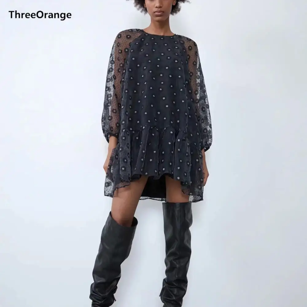 Женское шифоновое платье в горошек ZA черное Плиссированное Прозрачное выше