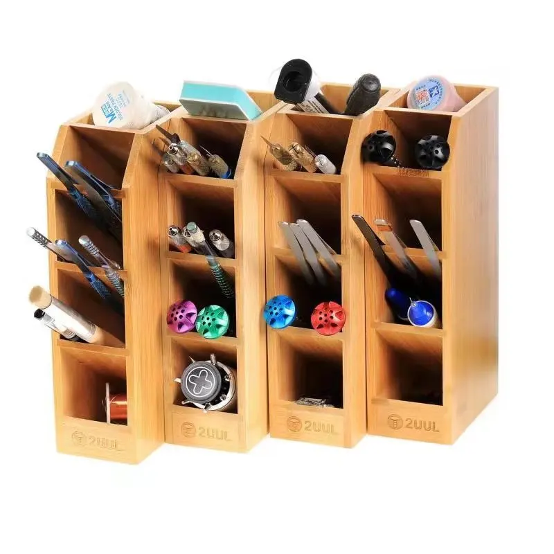 

2UUL Bamboo Tool Storage Rack Multifunctional Storage Box Wooden Desktop Organizer Tweezer Screwdriver Phone Repair Tool Holder