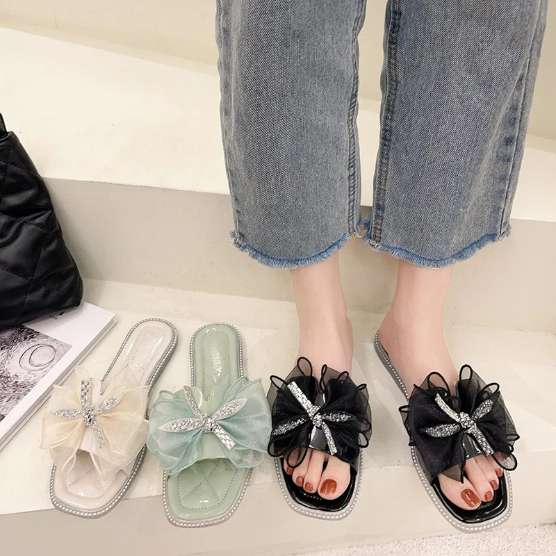 

Shoes Woman 2021 Butterfly-Knot Slippers Flat Luxury Slides Pantofle Designer New Soft PU Butterfly-knot Basic Shoes Women Ladi