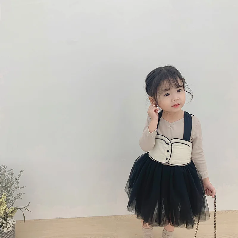 Праздничное хлопковое платье принцессы с длинным рукавом и жилетом на подтяжках