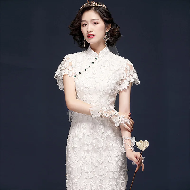 Китайское свадебное платье белое кружевное Ципао для невесты|qipao dress|cheongsam qipao