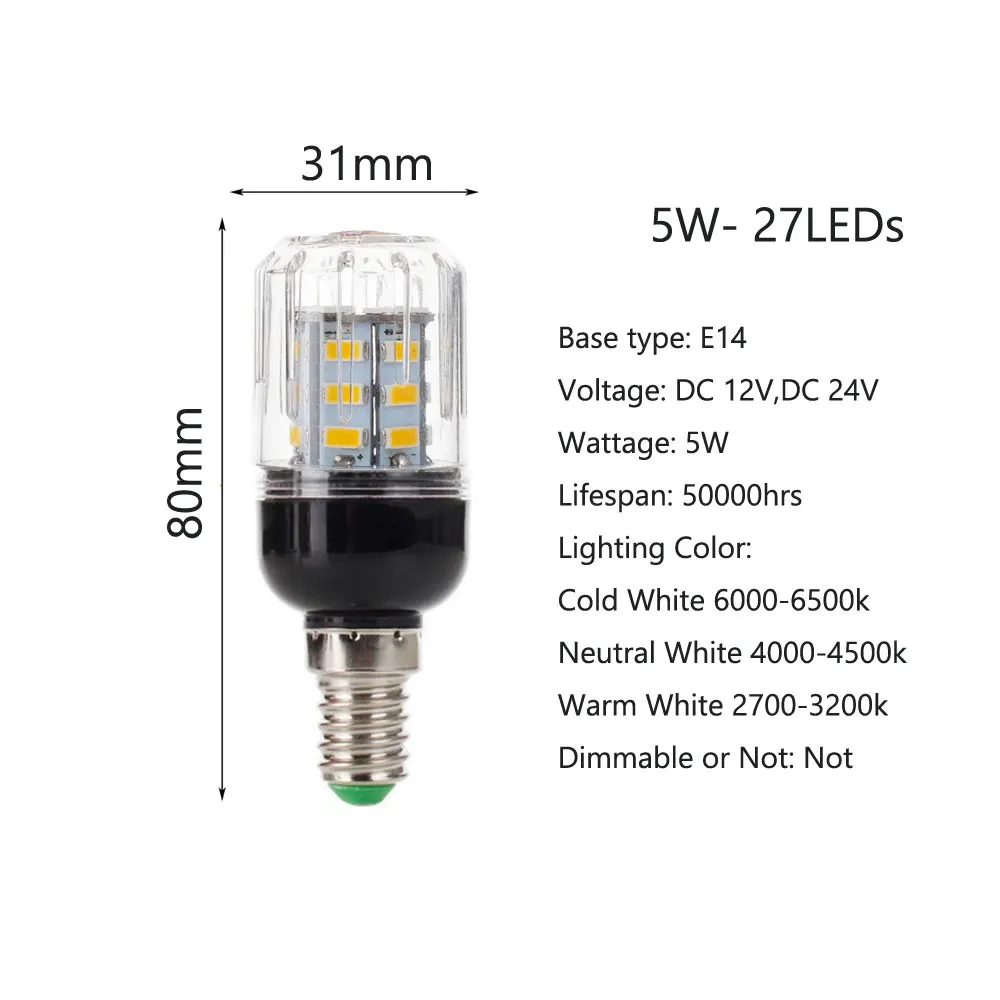 Миниатюрная Светодиодная лампа E27 E26 E12 E14 SMD5730 DC 12 В 24 в 27 светодиодов светильник