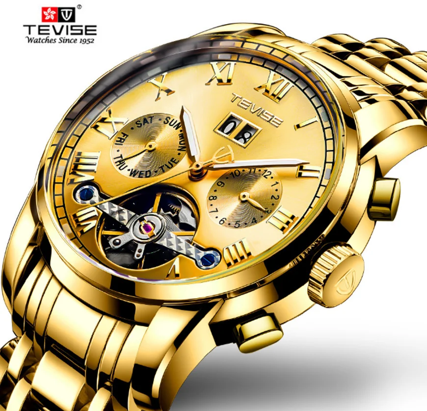 Роскошные золотые прозрачные часы TEVISE с турбийоном модные автоматические