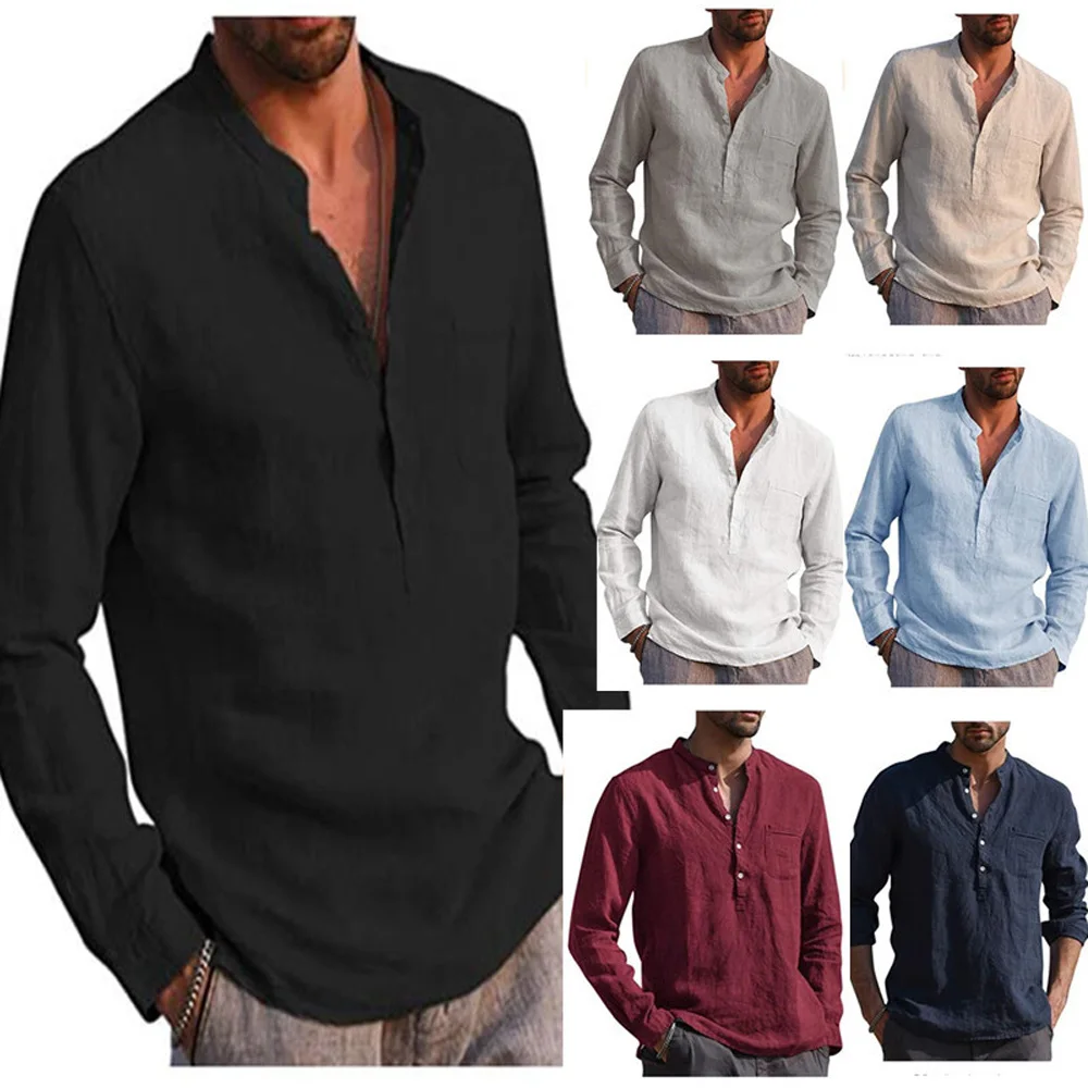 Vintage Solid Color Shirts for Men Casual Long Sleeve Stand Collar Blouse  Shirt Male Streetwear 2022