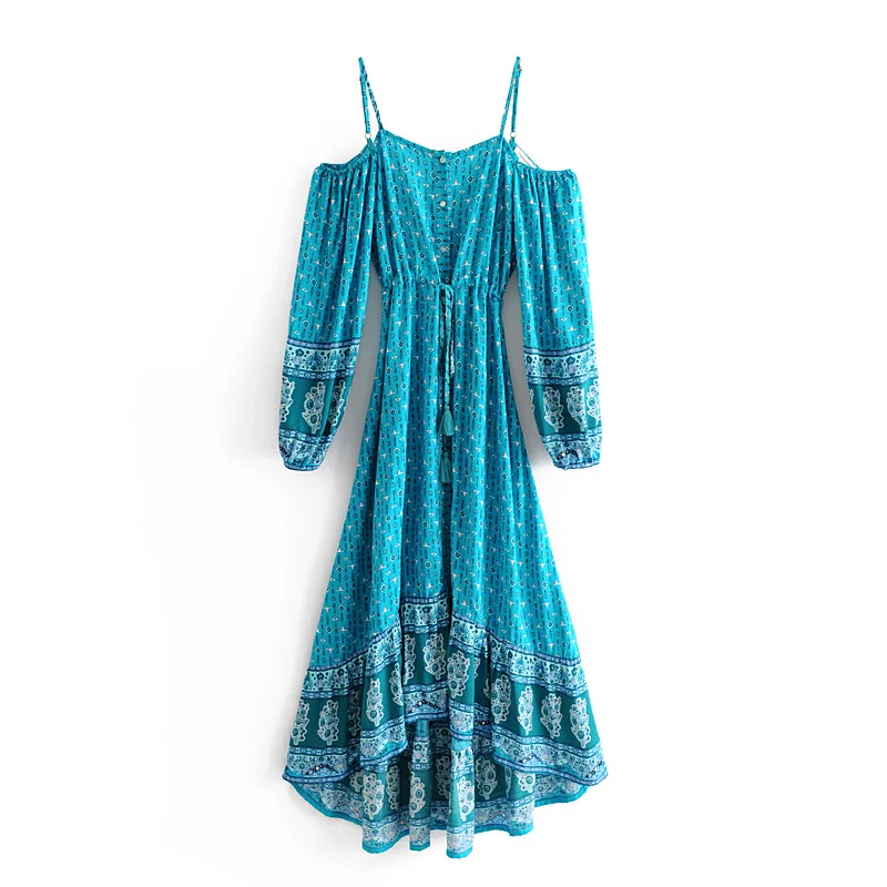 Everkaki Gypsy Floral Print Slip Dress Women Sashes Boho Adjustable Waist Off Shoulder Tassels Dresses Female Autumn New