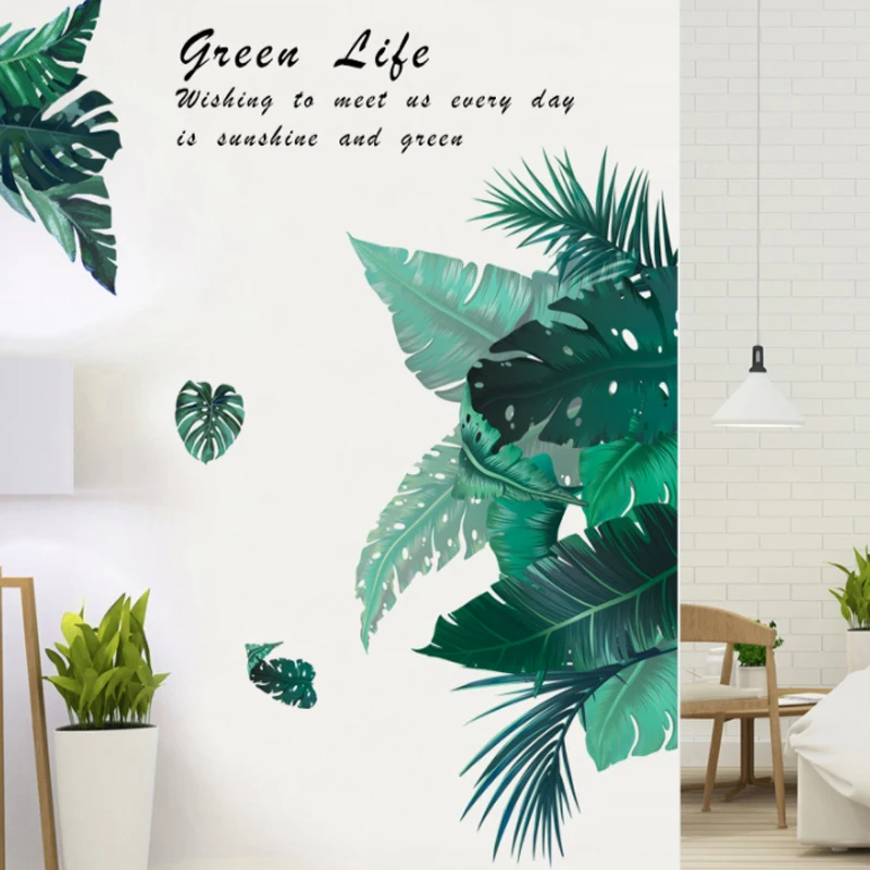 Декоративные наклейки на стену в виде зеленых листьев для украшения гостиной