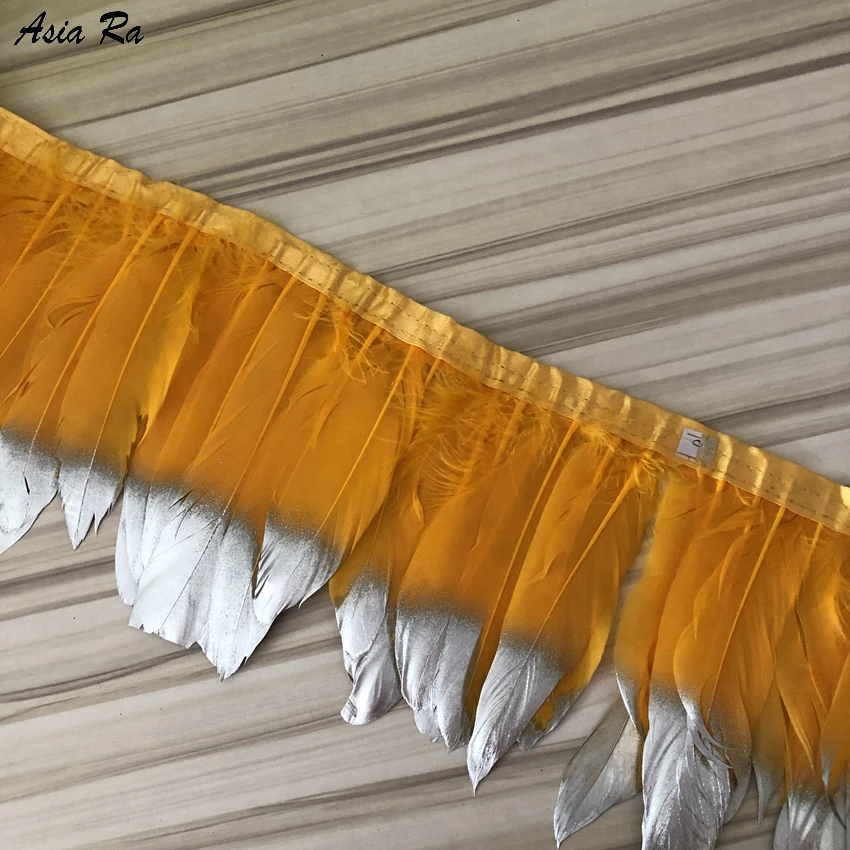 

4 Meter Dyed Gold Yellow Goose Feather Fringe Trim 6-8 Inches DIY Natural Paint Silver Feathers Plumes Fringes DIY Sewing Lace