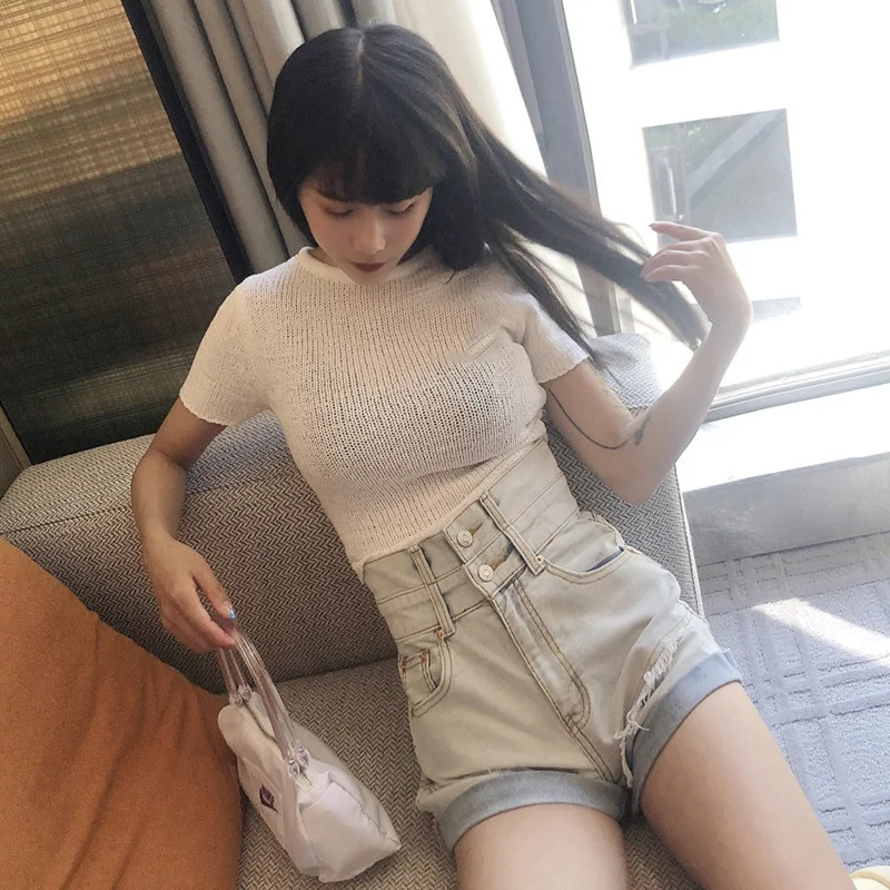 

GVUW Women's Light Blue Denim Shorts Double Buttons New Arrivals High Waist Loose Fit FemaleFashion Trend Summer 2021 20D829