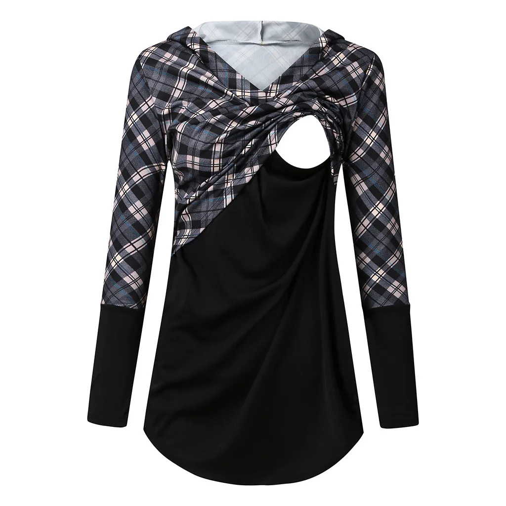 Осенне зимняя клетчатая толстовка с капюшоном и длинным рукавом для кормящих