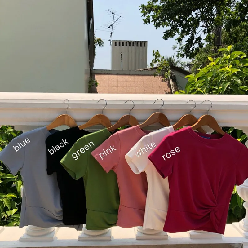 Модная женская футболка 6 цветов летняя Корейская с круглым вырезом повседневные