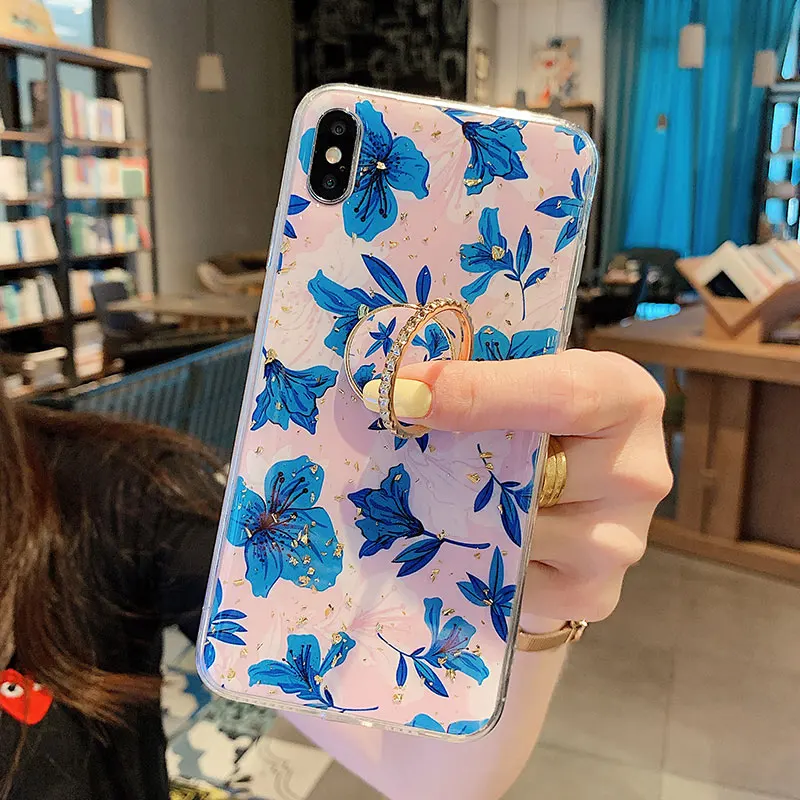 IK92-DJ24BlueFlowerL SoCouple кольцо из ТПУ чехол-держатель для iphone 7 8 6 6s plus чехол для iphone XR 11 Pro X Xs Max мраморный Золотой фольга кольцо держатель чехол - Цвет: IK92-DJ24BlueFlowerL